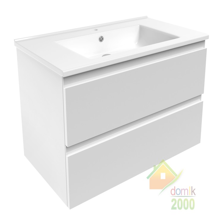 LEON комплект мебели 80см белый: тумба подвесная, 2 ящика + умывальник накладной